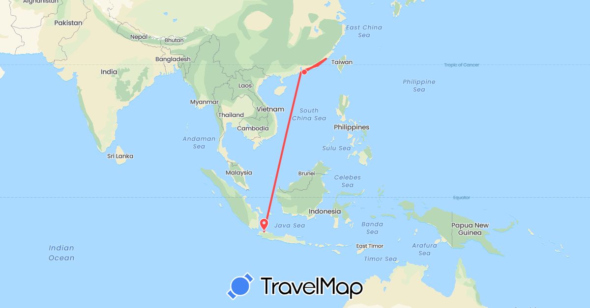 TravelMap itinerary: driving, hiking in China, Indonesia (Asia)